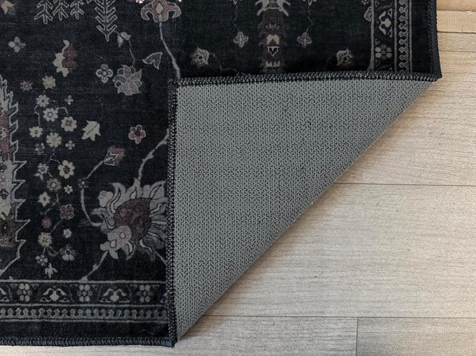 GLN Rugs Traditional Collection - Machine Washable Area Rug, Traditional Washable, Non Slip, Low Pile Chenille Rug, Living Room, Bedroom, Kitchen Rug (8' x 10' Black)