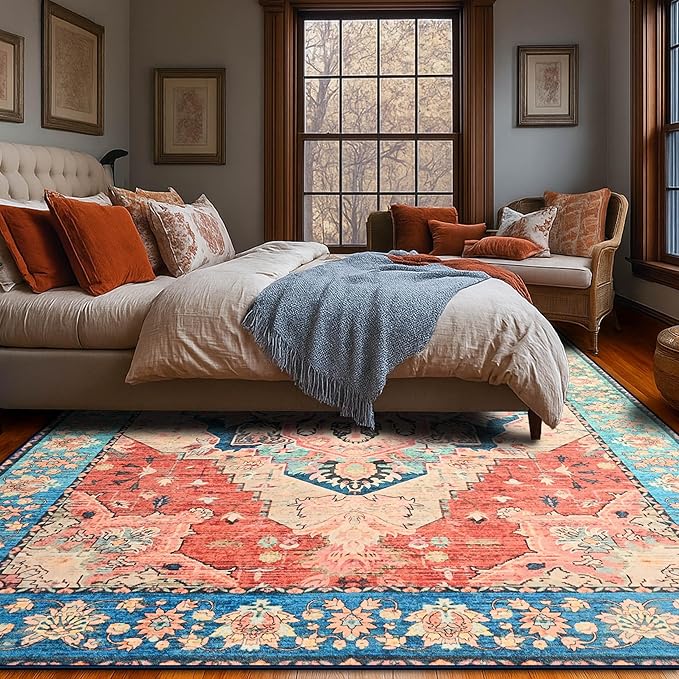 YJ.GWL Area Rugs for Living Room 4x6 Machine Washable Rugs for Bedroom, Non Slip Floral Vintage Rug Indoor Carpet, Stain Resistant Throw Rug for Dining Room Kitchen, Red Blue Gradient Color