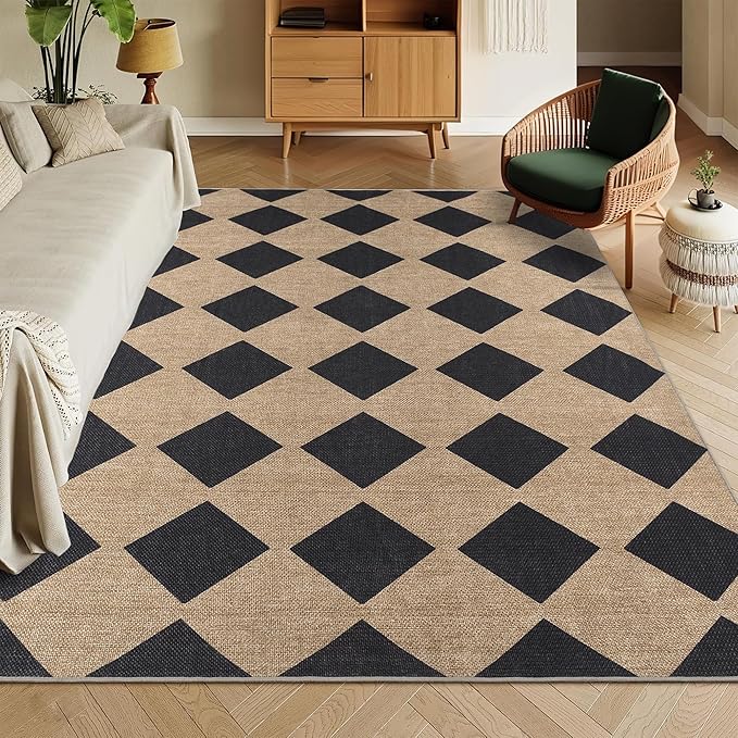 Checkered Easy Jute Rug 6x9 Outdoor Rug Large Washable Area Rugs for Living Room Bedroom Non Slip Neutral Farmhouse Indoor Outdoor Carpet for Backyard Patio Office
