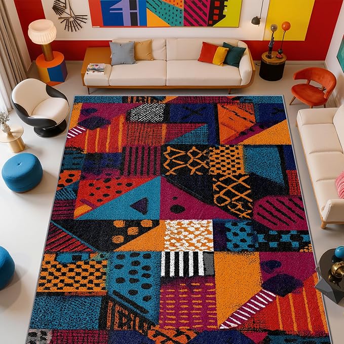 Patchwork Rugs for Entryway - Geometric Abstract Area Rugs 3x4, Multicolor Retro Aesthetic Non Slip Foldable Indoor Throw Carpet Home Decor #C015