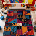 Patchwork Rug, Geometric Abstract Area Rugs 5x6, Multicolor Retro Aesthetic Non Slip Thin Carpets House Decor #C019