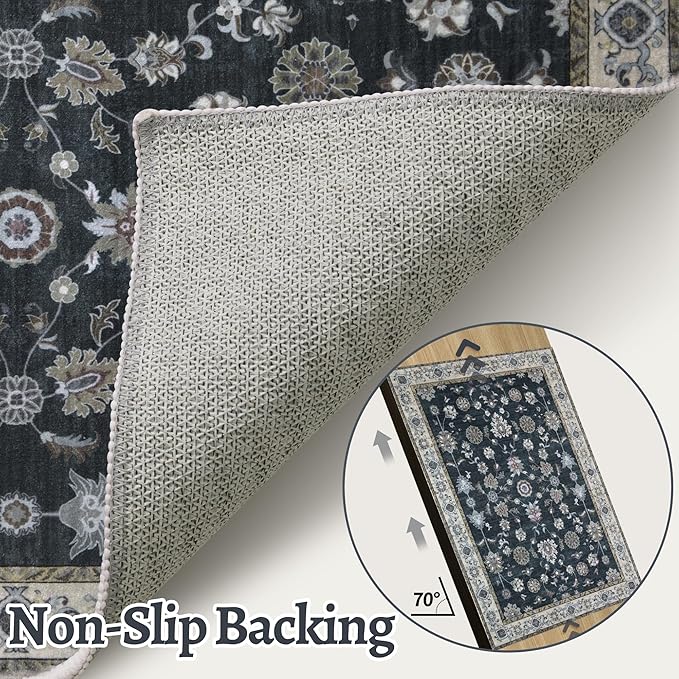 Tangsoo Floral Runner Rug 2x6 Washable Rug for Hallway, Non-Slip Vintage Black Runner Rug for Entryway Indoor, Brown Print Carpet Runner Rugs, Soft Low Pile Long Rug Runner for Kitchen