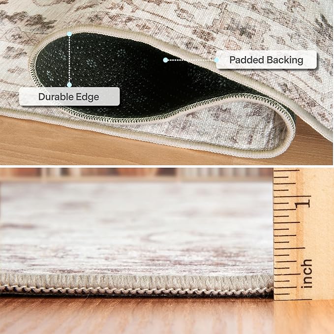 ReaLife Rugs Machine Washable Area Rug - Living Room Bedroom Bathroom Kitchen Entryway Office - Padded Low Pile Stain Resistant Premium - Boho Farmhouse Vintage - BEV - Beige 5' x 7'