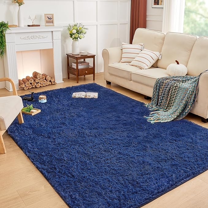 Andency Navy Area Rugs 9x12 for Living Room Home Decor, Large Shaggy Bedroom Carpet, Non-Slip Big Shag Indoor Thick Soft Fluffy Furry Fur Area Rugs for Kids Dorm Nursery Aesthetic
