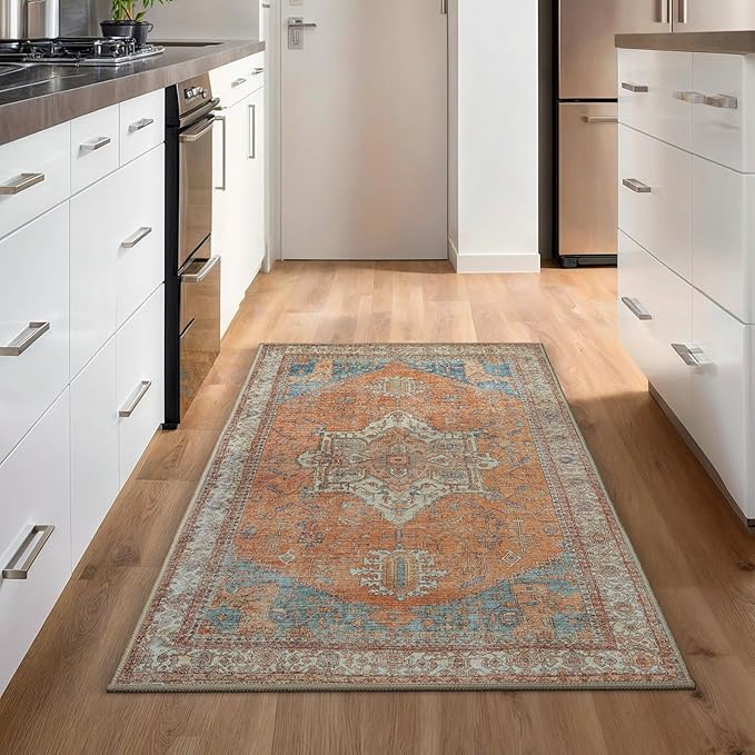GLN Rugs Traditional Collection - Machine Washable Area Rug, Traditional Washable, Non Slip, Low Pile Chenille Rug, Living Room, Bedroom, Kitchen Rug (2'6" x 7' Terra/Multicolor)