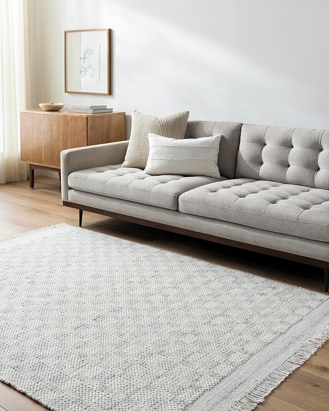 Mark&Day Wool Rugs, 4x6 Clinten Solid and Border Light Slate Checkered Rug, Cream Grey Carpet for Living Room, Bedroom or Kitchen (3'6" x 5'6")