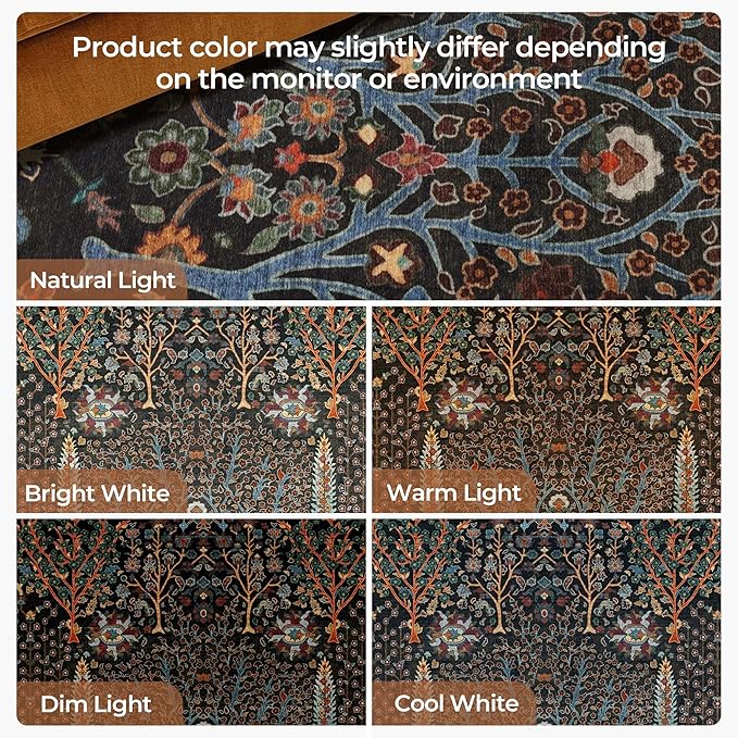 Kokia Boho Vintage Floral Area Rugs, Washable Oriental Botanical Rugs for Living Room, Bedroom, Dining Room, Office, Large Soft Indoor Area Rug, Wild Black，9x12