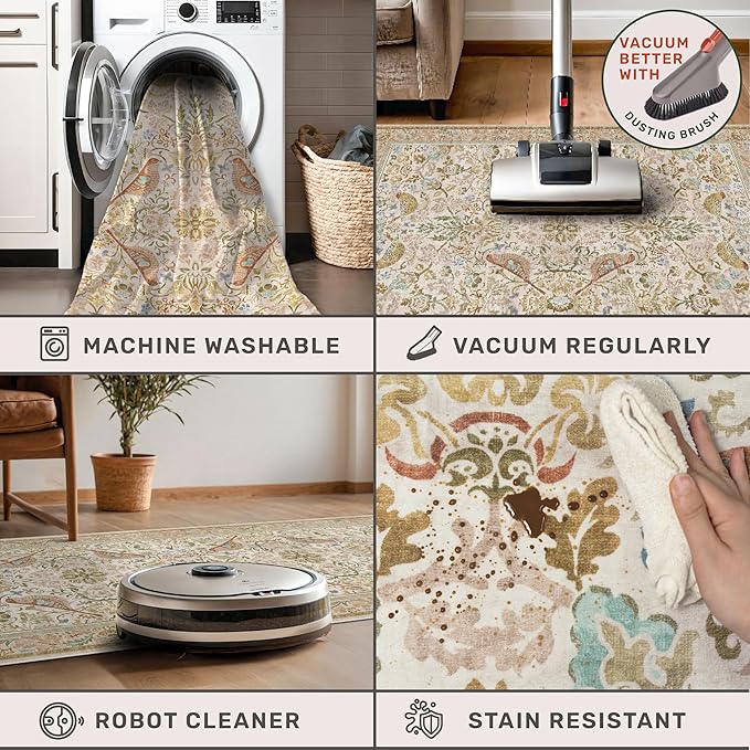 Large Entryway Rugs Indoor - Beige 3x4 Washable Rugs for Kitchen Bedroom Beside Bed Door Mat Indoor Entrance with Vintage Woodland Flowers, Non Slip Stain Resistant Low Pile