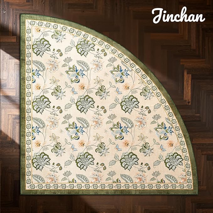 jinchan Elora Floral Corner Rug for Kitchen Washable Nursery Rug Vintage Romance Design Non Slip Quarter Circle Lightweight Low-Pile Throw Carpet for Playroom Reading Nook, 5ft Radius, Green/Beige