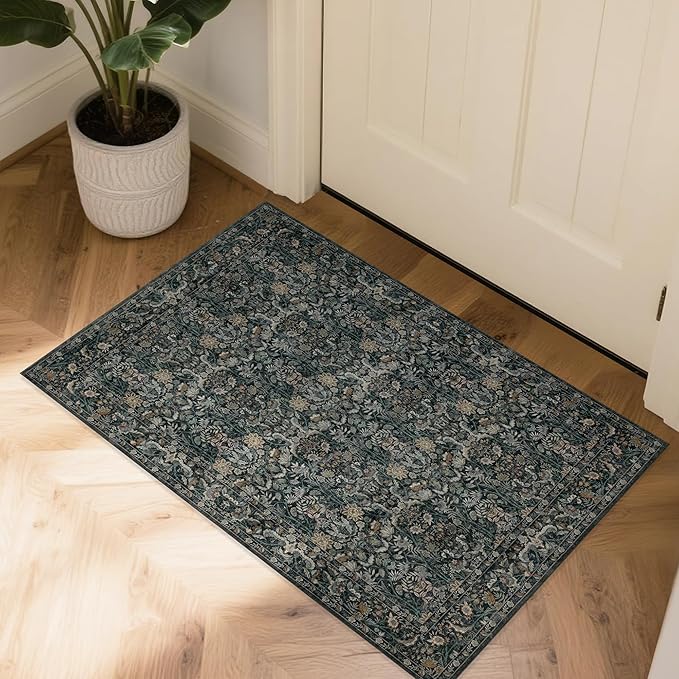 Small Rug 2x3 for Entryway: Boho Floral Door Mat Indoor Entrance Washable - Non-Slip Low Pile Thin Carpet Rugs for Kitchen Bathroom Front Door Laundry - Dark Green