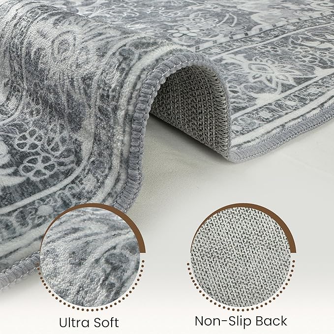 Washable Runner Rug 2x6 | Non Slip Rug Runners for Hallways, Entryways, Kitchens, Bathrooms, Bedrooms | Ultra-Soft Flannel Carpet Runners with Rubber Backing (Light Grey, 2x6)