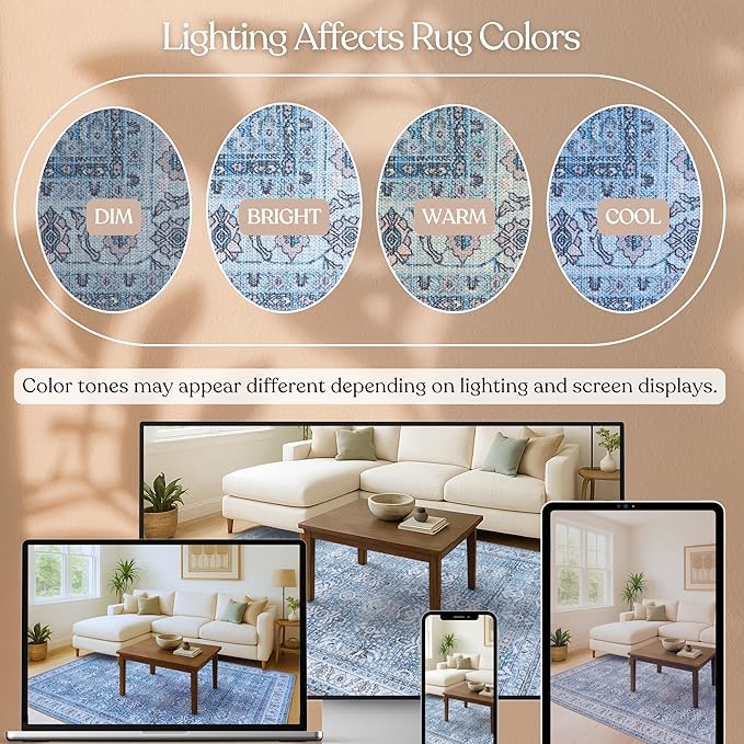 Fame Living Washable Area Rug. Modern Farmhouse. Vintage. Turkish. Bohemian. Distressed. Oriental. Traditional. Rugs for Living Room. Dining. Bedroom. Office. Entryway. Foyer. (866CBl, 7'5" x 9'8")