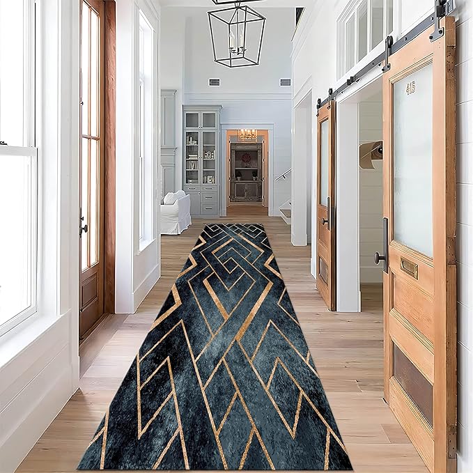 Navy Blue Gold Geometric Rug Runners for Hallways, 2x6ft, Modern Gold Line Indoor Carpet, Minimalist Art Durable Fade Resistant Rugs, Anti-Skid High Traffic Rugs for Kitchen LaundryRoom