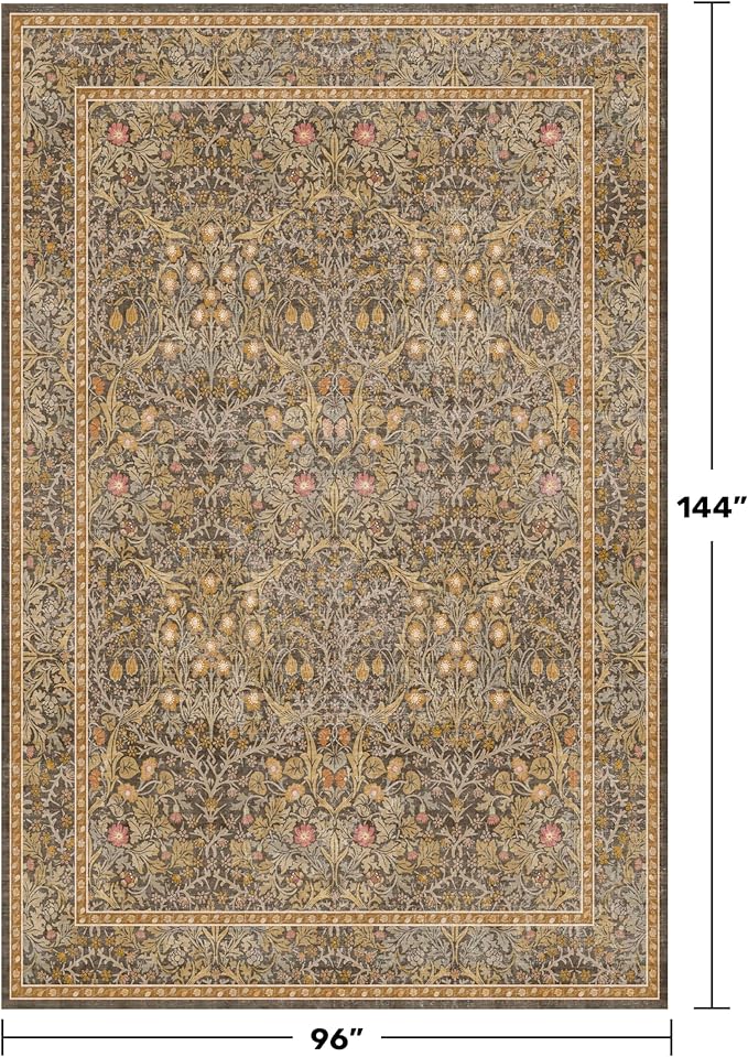 Large 8x12 Boho Living Room Rug - Gold Brown Geometric Floral Area Rug for Dining Room Under Table, Bedroom Under Bed, Low Pile & Soft - Vintage Design & Stain Resistance Carpet