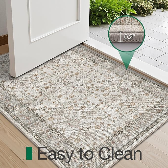 LUMI Indoor Thin Door Mat, 24x36 Washable Small Inside Doormat, Non Slip Low Pile Oriental Floor Carpet, Vintage Distressed Area Rug for Front Door,Entrance,Bedroom, Celadon