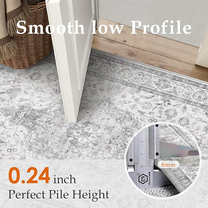 HUGEAR 2x6 Runner Rug Hallway Vintage Grey Machine Washable Neutral Floral Low Pile Carpet Vacuumable Thin Long Throw Rug Bedroom Office Bathroom Kitchen Laundry Non Slip Soft Lightweight