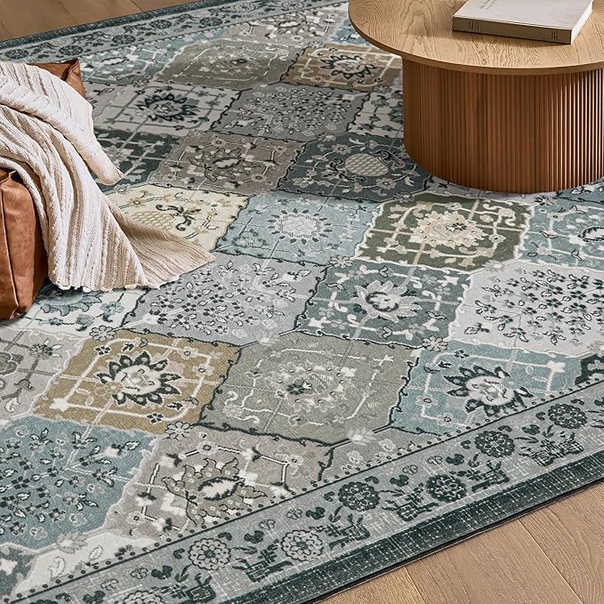Phantoscope Washable Round Area Rug 6ft Non-Slip, Vintage Boho Rugs for Living Room, Bedroom, Dining Room, Distressed Moroccan Mosaic Diamond Pattern, Low-Pile Foldable Floor Carpet, Grey Charcoal