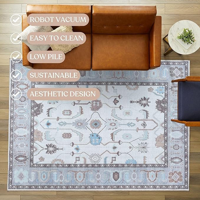 Fame Living Crean Grey Oushak Rug, Modern, Vintage, Turkish, Eclectic, Floral, Pastel, Washable, Area Rugs for Living Room, Dining, Bedroom, Office, Entryway, Foyer, Playroom, Nursery, 5'x6'9"