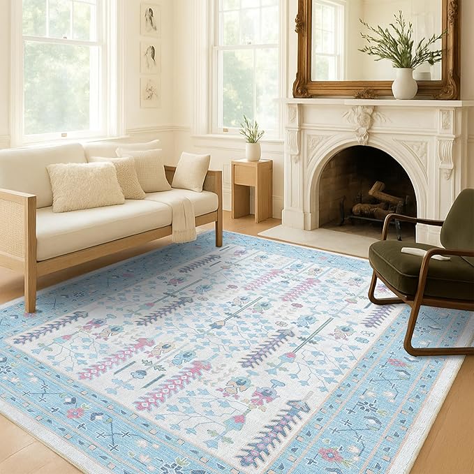 Fame Living Cream Blue Oushak Rug, Modern, Vintage, Turkish, Eclectic, Floral, Pastel, Washable, Large Area Rugs for Living Room, Dining, Bedroom, Girls, Boys, 7'5"x9'8"