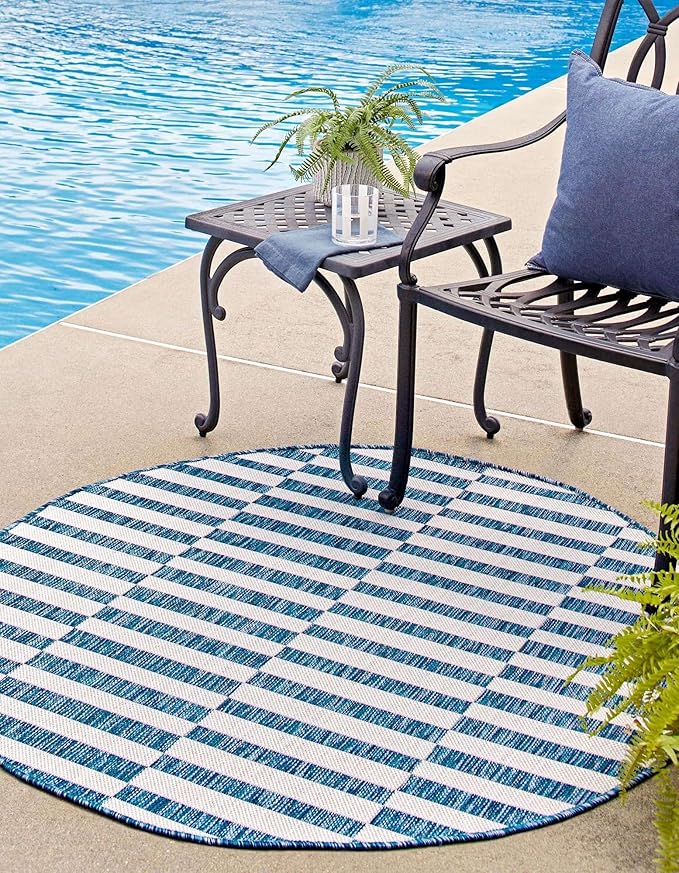 Unique Loom Outdoor Striped Collection Area Rug - Striped (6' 1" Round Blue/Ivory)