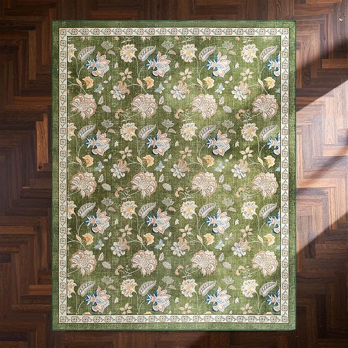 jinchan Elora 8x10 Floral Rug for Living Room Washable Bedroom Rug Vintage Romance Design Non Slip Thin Indoor Floor Cover Large Low-Profile Throw Carpet for Dining Room Office, Green
