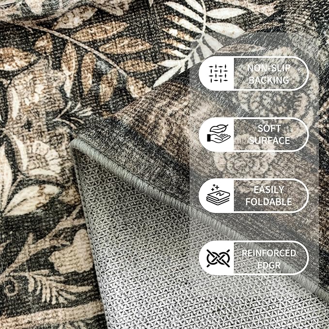 Washable Living Room Rug: 9x12 Boho Floral Soft Area Rug for Bedroom Decor - Vintage Low Pile Thin Carpet for Dining Room Non-Slip - Farmhouse Stain Resistant Rugs - Dark Brown