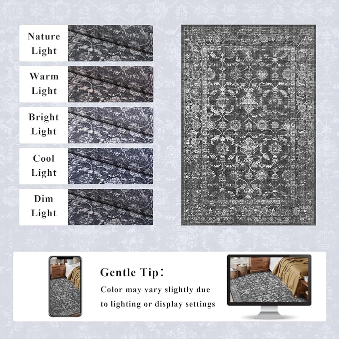 Washable Area Rug 2x3 Black Rugs for Living Room, Vintage Boho Rug for Bedroom Dining Room Office, Distressed Floral Print Carpet for Under Table, Soft Non Slip Low Pile Throw Carpet Indoor Mat