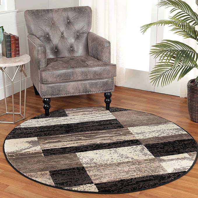 Superior Indoor Area Rug, Jute Backing, Plush Modern Rugs for Entryway, Kitchen Floors, Office Floor Cover, Color Block Rugs, Rockwood Collection, 5' Round, Chocolate