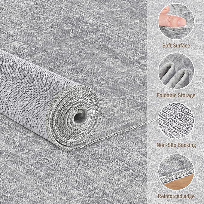 5x7 Area Rugs Living Room: Washable Large Vintage Grey Rug Neutral Non-Slip Soft Stain Resistant Indoor Carpet for Bedroom Nursery Dining Room Under Table Bed Home House Office Playroom