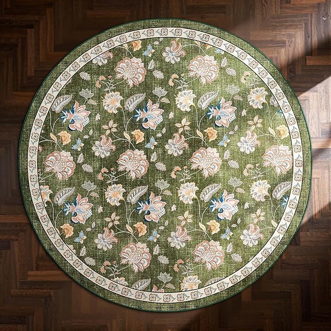jinchan Elora 5ft Floral Round Rug for Entryway Washable Kitchen Rug Vintage Romance Design Non Slip Indoor Doormat Lightweight Low-Profile Throw Carpet for Living Room Dining Room Bedroom, Green