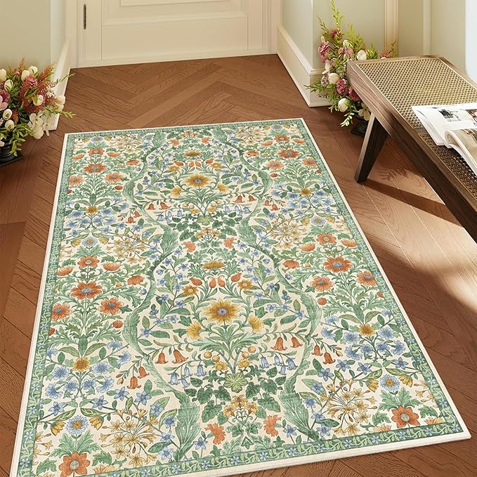 4x6 Grass Green Floral Boho Area Rug,Low-Pile Stain Resistant Non-Slip Machine Washable Carpet for Living Room,Bedroom, Kitchen,Entryway,Dining Room, Nursery