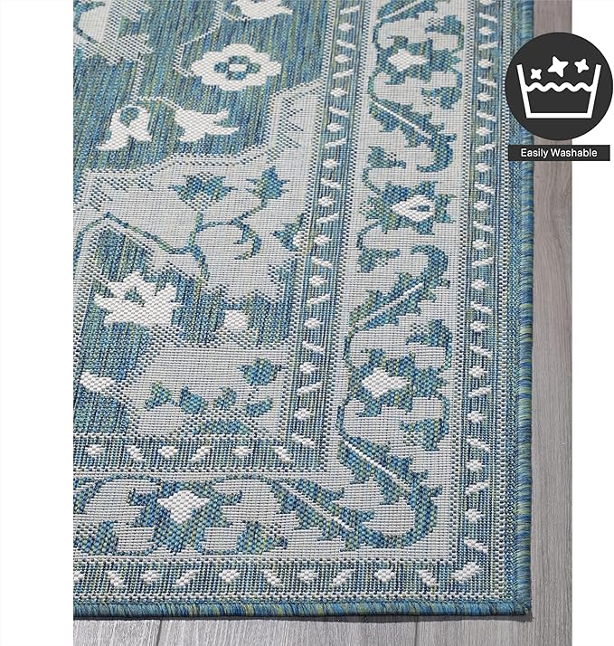 FH Home Flat Woven Outdoor Rug - Waterproof, Easy to Clean, Stain Resistant - Premium Polypropylene Yarn - Vintage - Patio, Porch, Deck, Balcony - Shiraz - Ocean - 5ft 4in x 7ft 6in