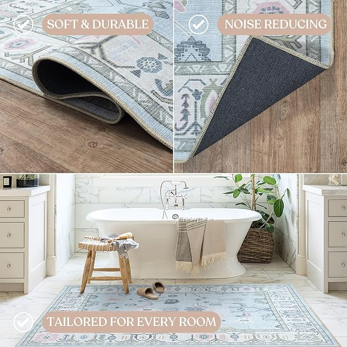 Fame Living Cream Blue Oushak Rug, Modern, Vintage, Turkish, Eclectic, Floral, Pastel, Washable, Large Area Rugs for Living Room, Dining, Bedroom, Girls, Boys, 7'5"x9'8"
