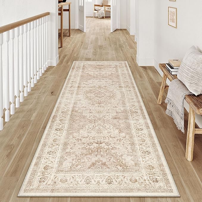 2x5 Beige Washable Vintage Area Rug for Living Room Bedroom Soft Tranditional Non Slip Runner Rug Lightweight Floral Low Pile Distressed Carpet Hallway Kitchen Bedroom Entrance