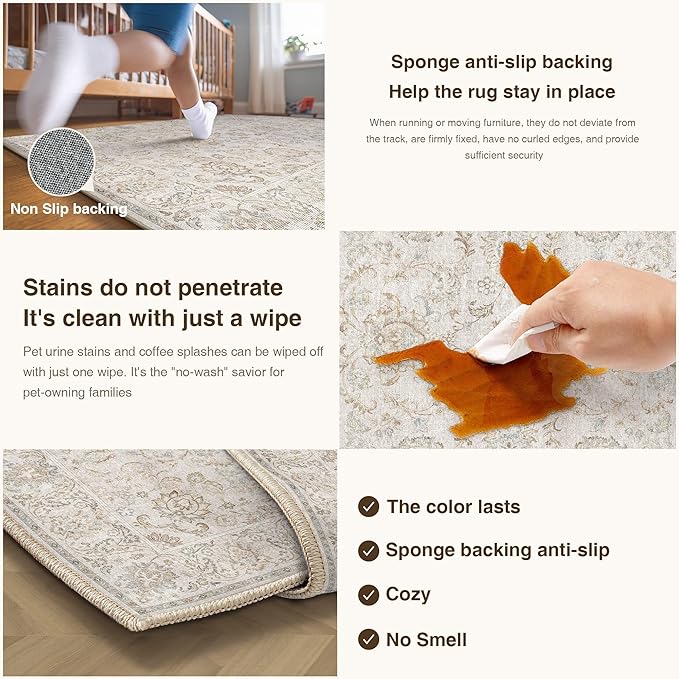 HUGEAR 6x9 Machine Washable Area Rugs Vintage Grey - Neutral Living Room Bedroom Rug Non Slip Stain Resistant Low Pile Aesthetic Throw Carpet Kids & Pet Friendly