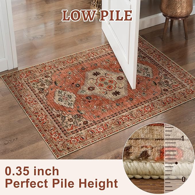 Tangsoo Boho 3x10 Runner Rug for Hallway Long Washable Hallway Runner Rugs, Non Slip Vintage Soft Low Pile Rug Runner, Oriental Terracotta 10ft Carpet Runners for Living Room Kitchen Bedroom Entryway