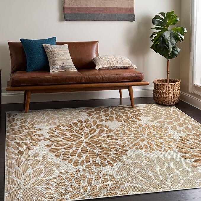 Beverly Rug Outdoor Rug 8x10 Modern Exotic Tropical Leaf Area Rugs for Indoor and Outdoor Patio Deck Porch Garden Water Resistant Washable Outside Carpet (8 x 10 Beige)