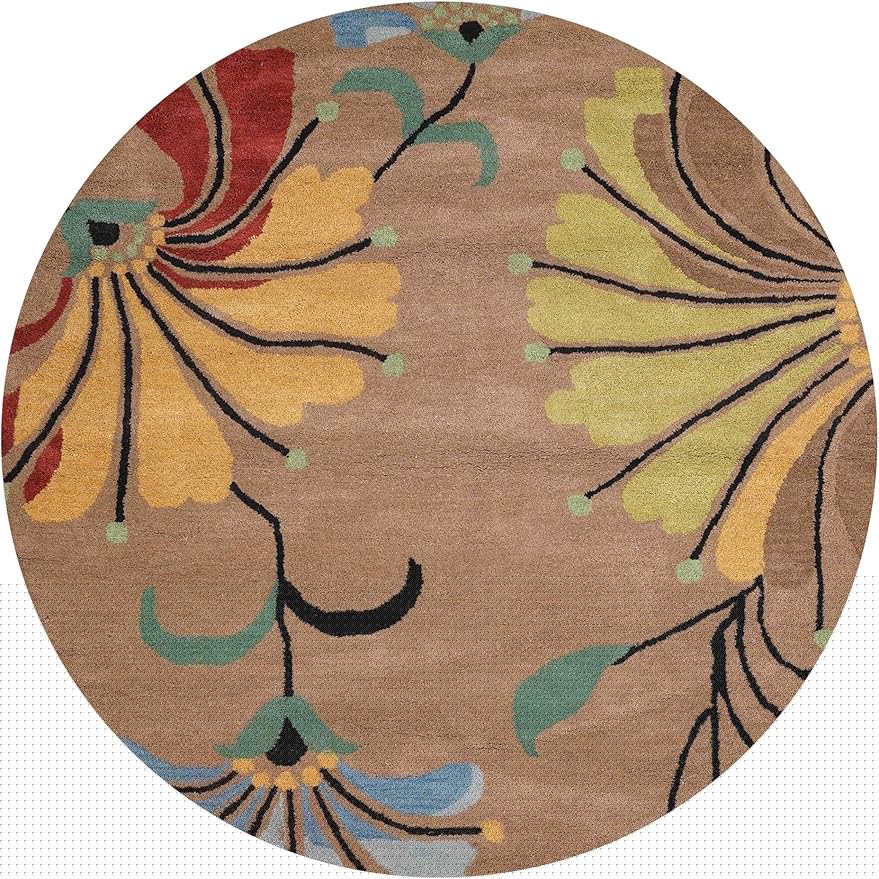 Rugsotic Carpets Hand Tufted Wool ECO-Friendly Area Rugs - 8'x8', Round Shape, Camel, Floral Modern Design, High Pile Thick Handmade Anti Skid Area Rugs for Living Room, Bed Room (K00219)