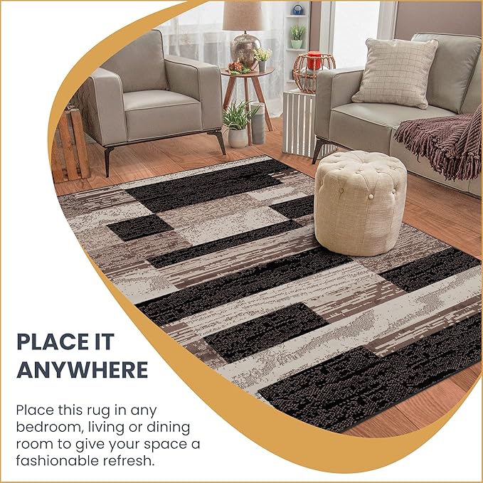 Superior Indoor Area Rug, Jute Backed, Modern Geometric Patchwork Floor Decor for Bedroom, Office, Living Room, Entryway, Hardwood Floors, Rockwood Collection, 2' x 3', Chocolate
