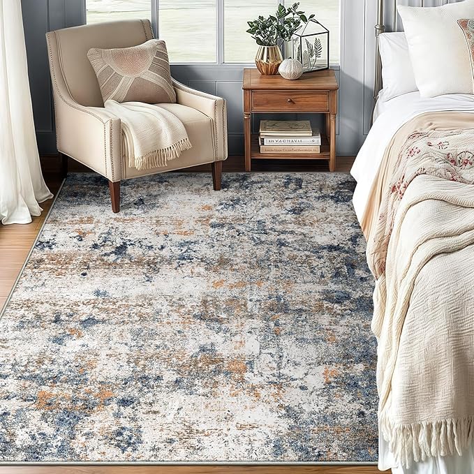 5x7 Washable Area Rug for Living Room, Multicolor Modern Vintage Abstract Rug Large Non-Slip Low Pile Soft Faux Wool Carpet, Kids and Pets Friendly for Bedroom Dining Room Farmhouse Home Decor Rug