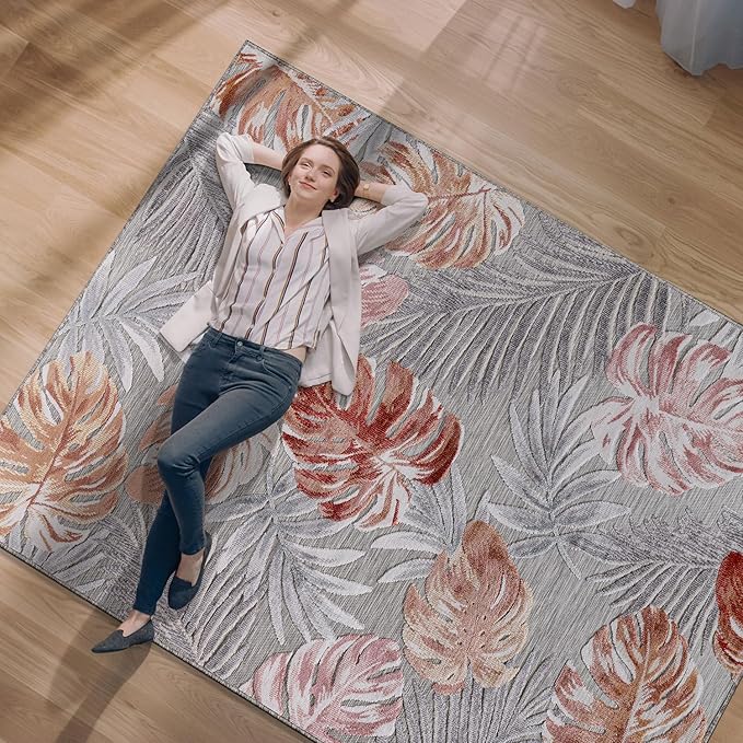 CAMILSON Indoor Outdoor Rug, Multi Color 6’x9’ Leaf Tropical Botanical Area Rugs for Indoor and Outdoor patios, Easy-Cleaning Non-Shedding Living Room, Garden and Kitchen Washable Outside Carpet (6x9)