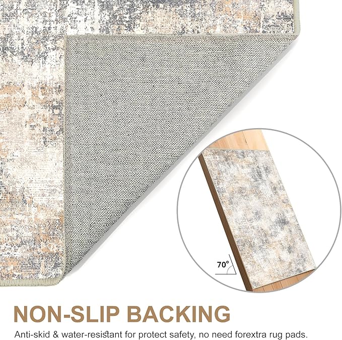 Bavni 6x9 Area Rugs Machine Washable Rug for Living Room, Modern Printed Rug Indoor Soft Area Rug for Bedroom Dining Room, Ultra-Thin Low Pile Carpet with Non Slip Rubber Backing, Beige Gray