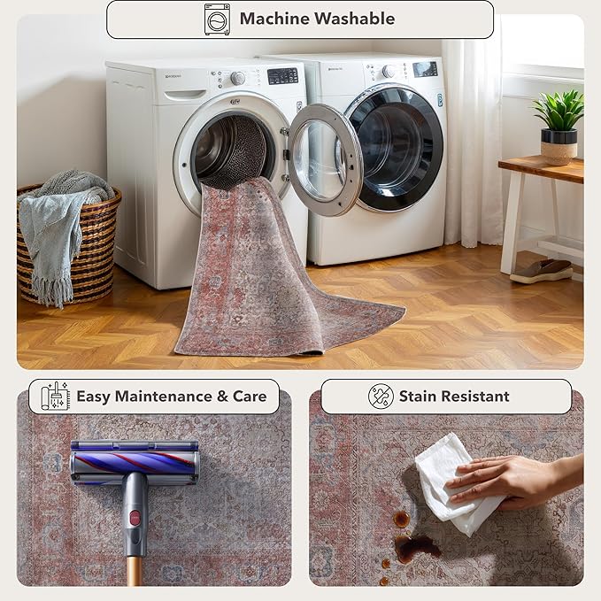 Kuden 3x5 Small Rug, Machine Washable, Non-Slip Backing, Vintage Style, Soft, Low Pile, Area Rugs for Entryway Kitchen Indoor Entrance