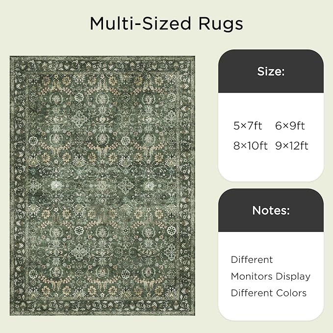 6x9 Rugs for Living Room, Soft Large Area Rugs Green Washable Rug, Indoor Vintage Rugs for Bedroom Home Office Laundry, Rubber Backed Non Slip Low Pile Carpet, Dark Olive Green