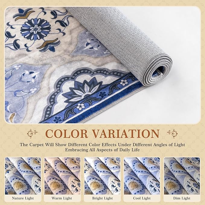 EnHomee Washable Area Rugs 4x6, Soft Area Rug for Living Room Bedroom, Boho Non Slip Low Pile Stain Resistant Washable Rug Large Carpet for Dining Room,Easy to Clean Living Room Rug, Blue