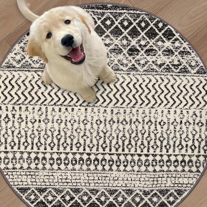 Boho Round Rug 5ft, Soft Non-Slip Distressed Circle Kitchen Mat Dining Room Rug, Washable Retro Living Room Area Rug Throw Carpet for Bedroom Kids Room Entryway