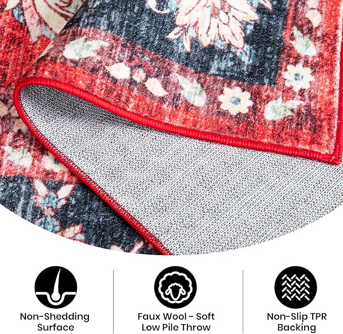 4x6 Washable Area Rug，Scarlet Red Vintage Accent Carpet with Navy Border, Boho Rug for Living Room, Dining Room，Bedroom, Entryway, Kitchen, Office, Indoor Non-Slip Mat, Holiday Ready