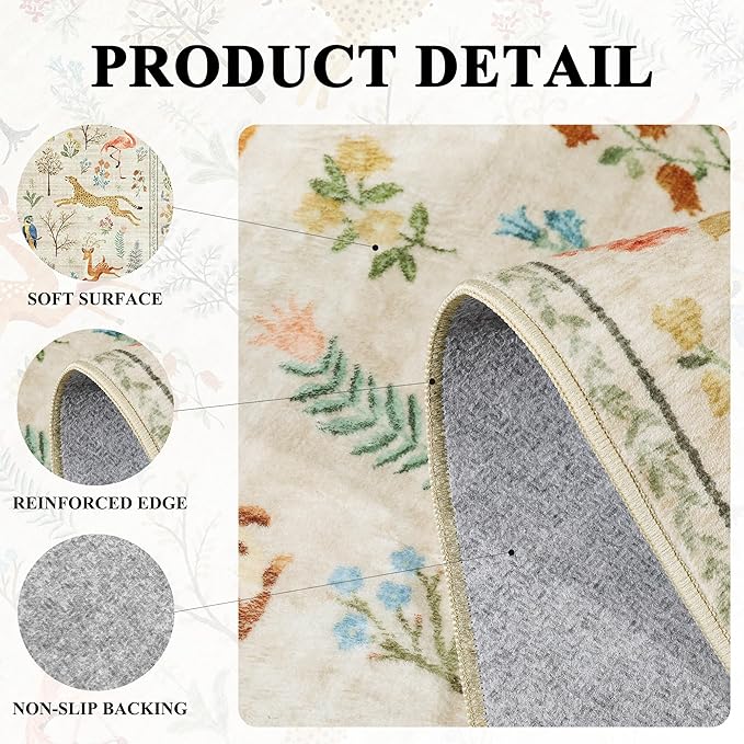 DUKINO 8x10 Rug, Washable Animal Living Room Rug with Non Slip Vintage Design, Soft Low Pile Large Carpet for Bedroom, Nursery, Dining Room, Farmhouse, Playroom, White