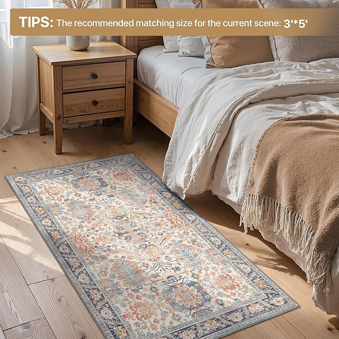 Bavni Runner Rug, Machine Washable Rugs for Bedroom 2x7, Non Slip Boho Rugs with Rubber Backing, Ultra-Thin Folable Rug Runner for Hallways Bathroom, Teal/Multi