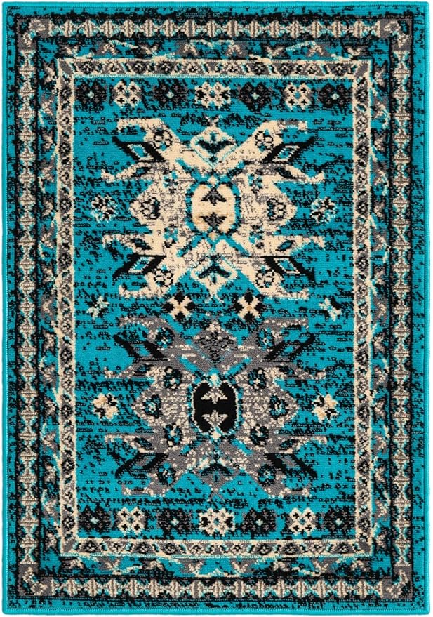 Unique Loom Taftan Collection Border Geometric Tribal Inspired Design Area Rug (2' 2 x 3' 0 Rectangular, Turquoise/ Gray)